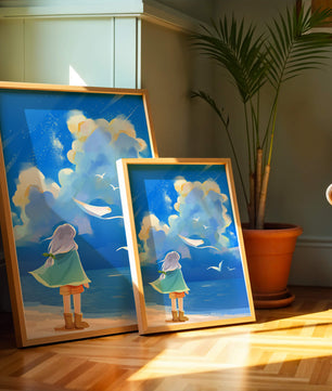 Young person gazing at a vibrant seaside sky with birds flying