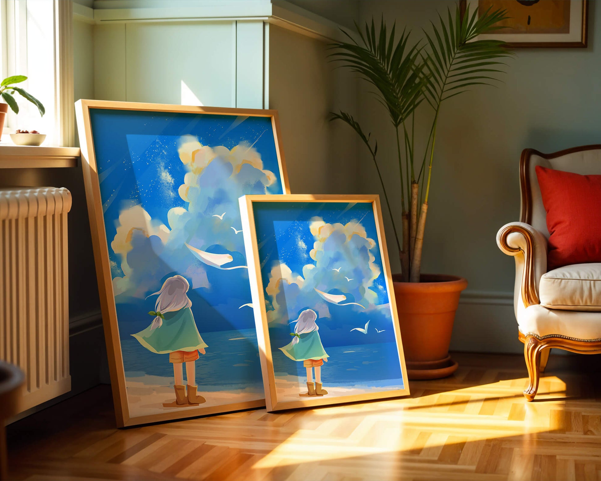 Young person gazing at a vibrant seaside sky with birds flying