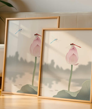 Dragonflies on a Lotus Bud with Serene Landscape