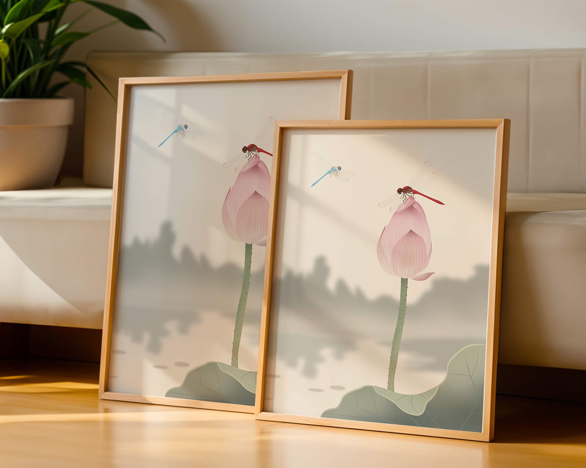 Libélulas sobre un capullo de loto con paisaje sereno