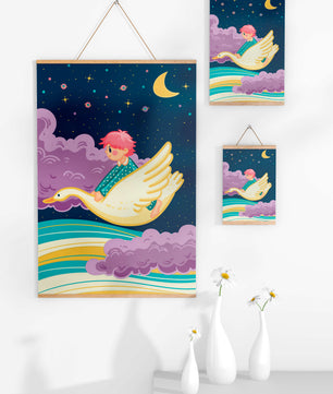Child flying on a goose through a magical night sky illustration