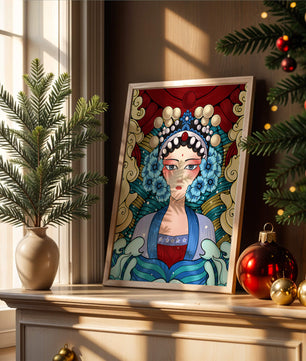 Traditional Asian Portrait with Vibrant Colors and Floral Details