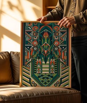 Design géométrique abstrait inspiré de l’Art déco avec des motifs symétriques et un motif animal