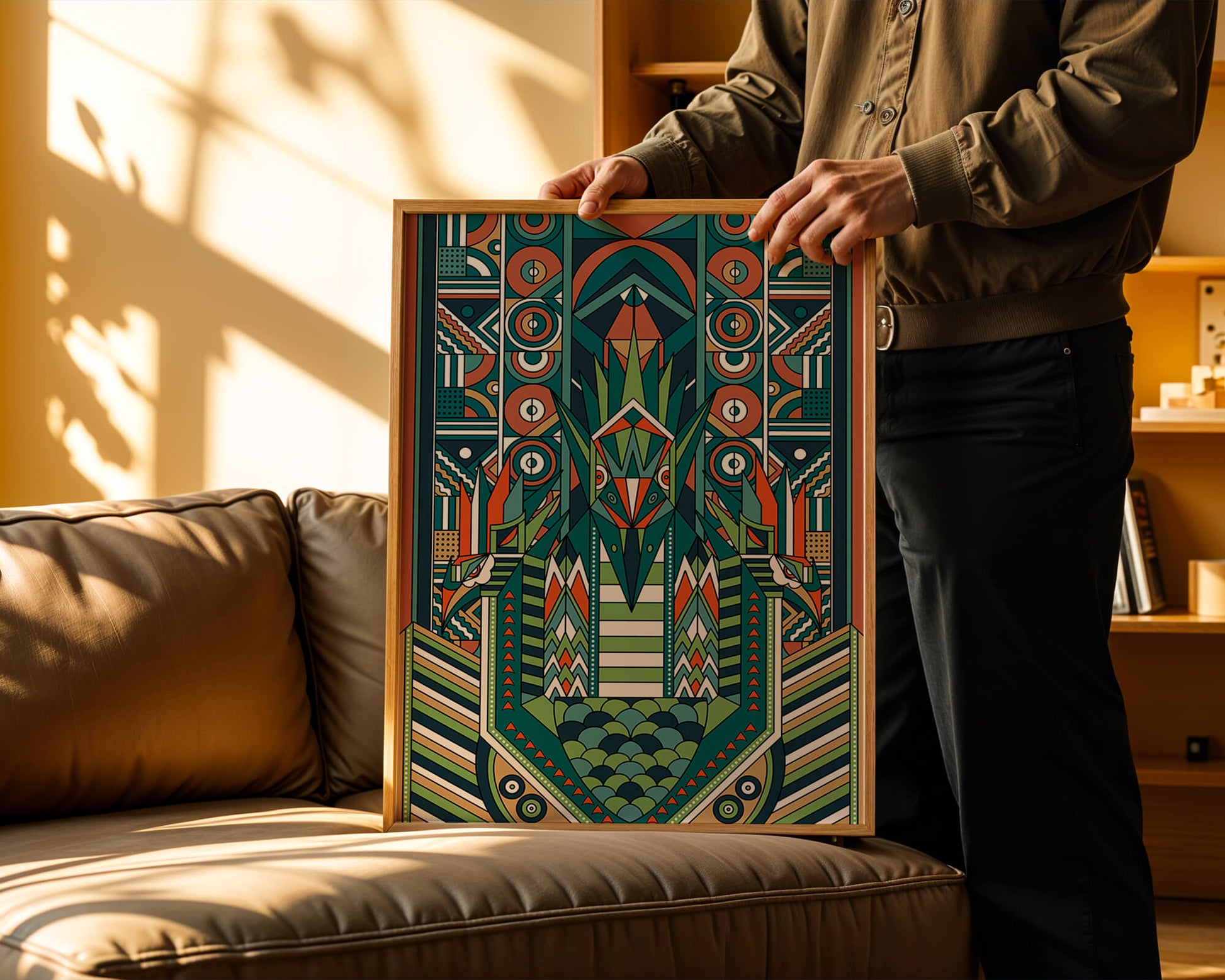 Art Deco Inspired Abstract Geometric Design with Symmetrical Patterns and Animal Motif