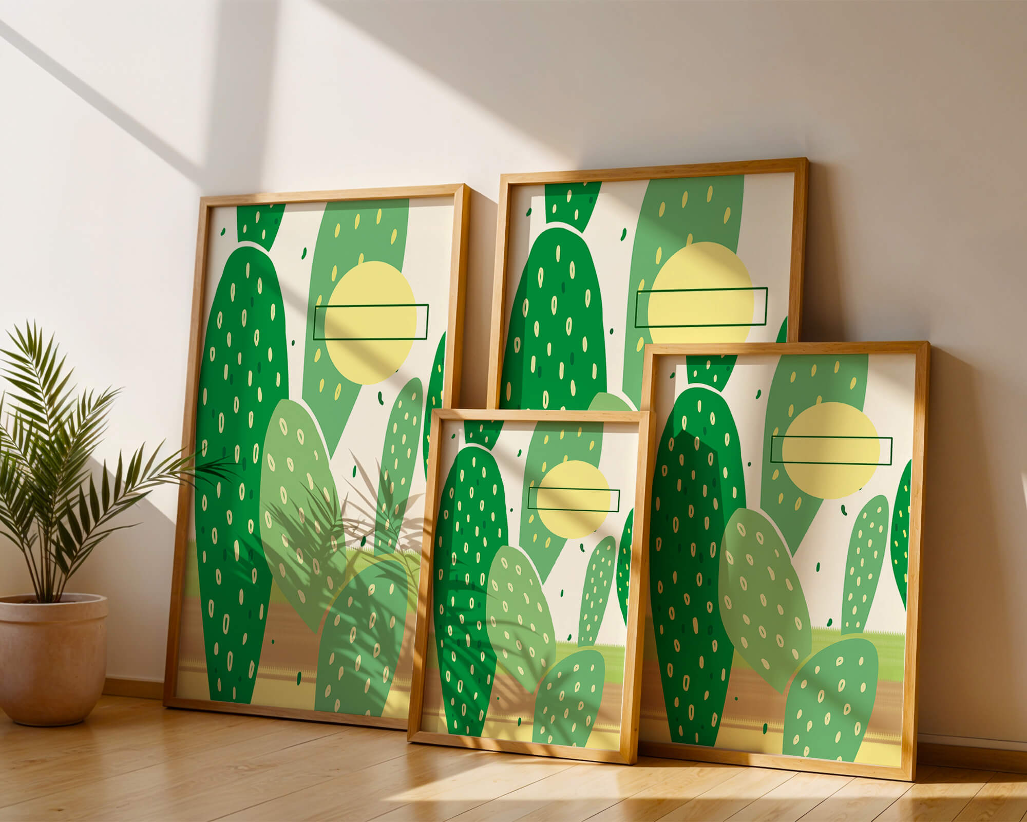Abstract cactus art with green and yellow elements