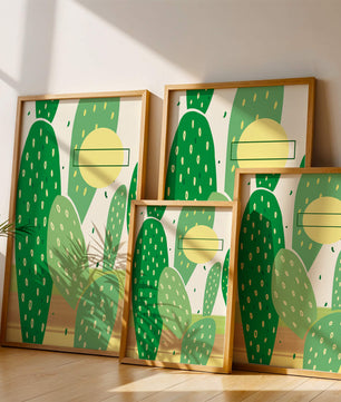 Art abstrait de cactus avec des éléments verts et jaunes