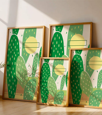 Abstract cactus art with green and yellow elements