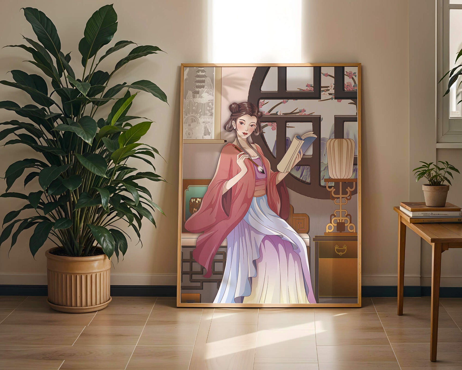 Illustrated scene of a woman in traditional attire reading by a window