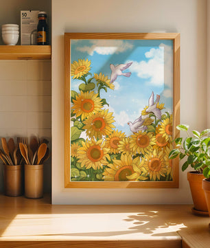 Friedliche Szene mit Sonnenblumen und Tauben unter einem strahlend blauen Himmel