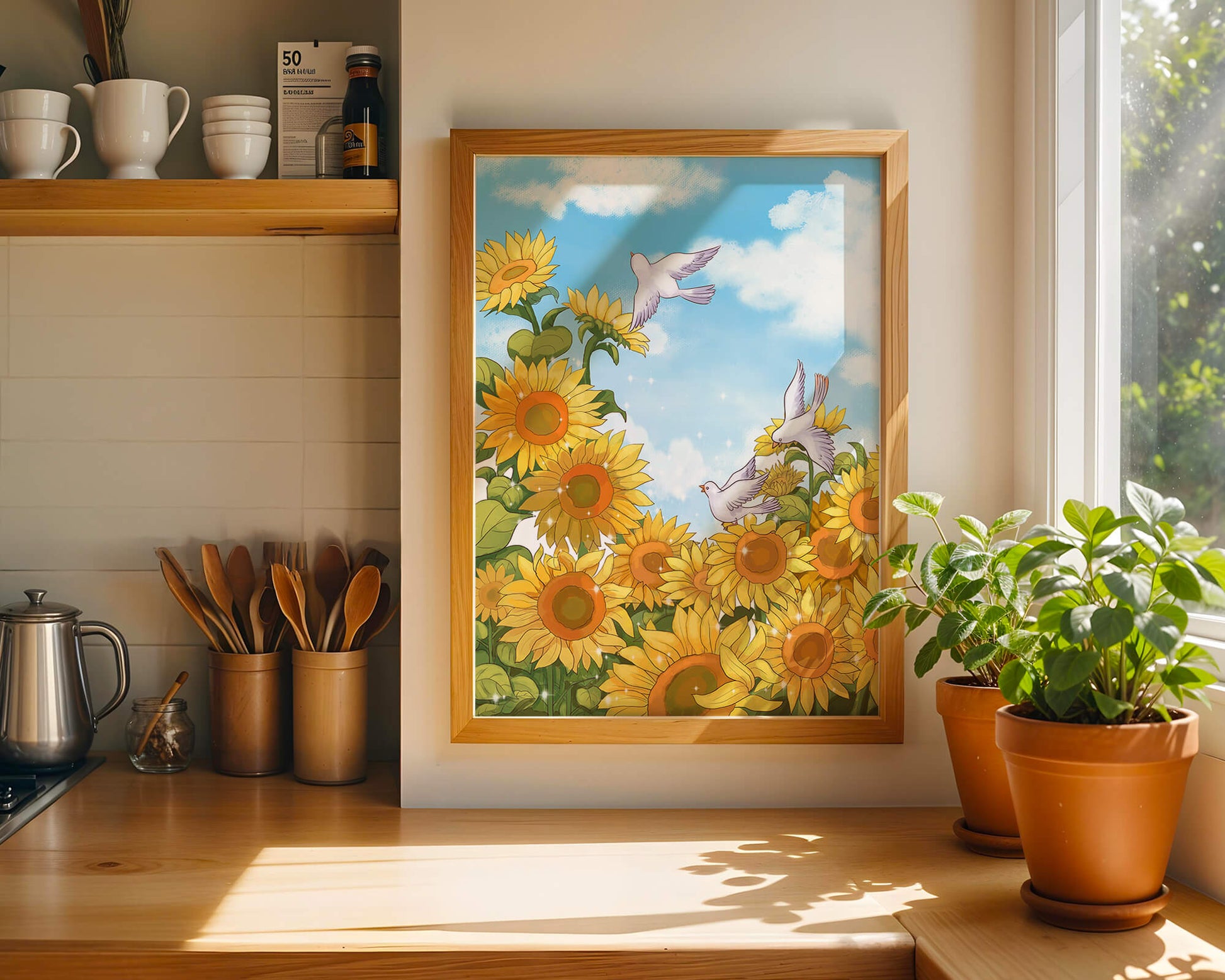 Friedliche Szene mit Sonnenblumen und Tauben unter einem strahlend blauen Himmel