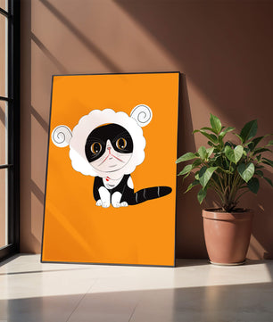 Ilustración de un gato disfrazado de oveja sobre fondo naranja vibrante