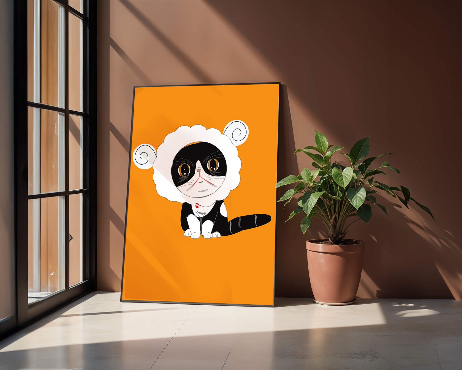 Ilustración de un gato disfrazado de oveja sobre un fondo naranja vibrante