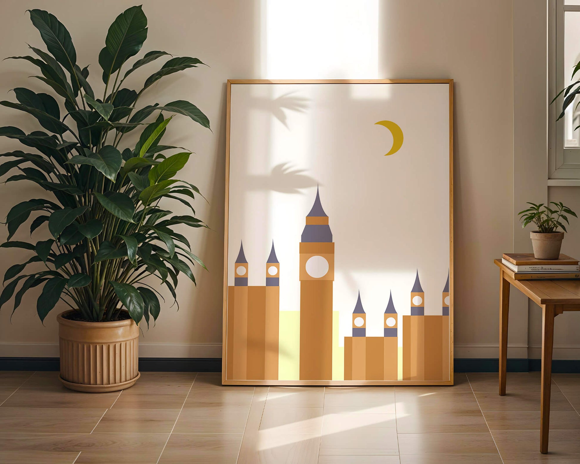 Minimalist illustration of iconic clock tower with crescent moon