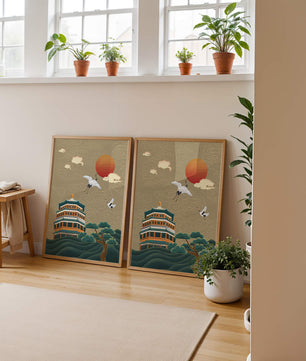 Traditional Asian art with cranes and temple at sunset
