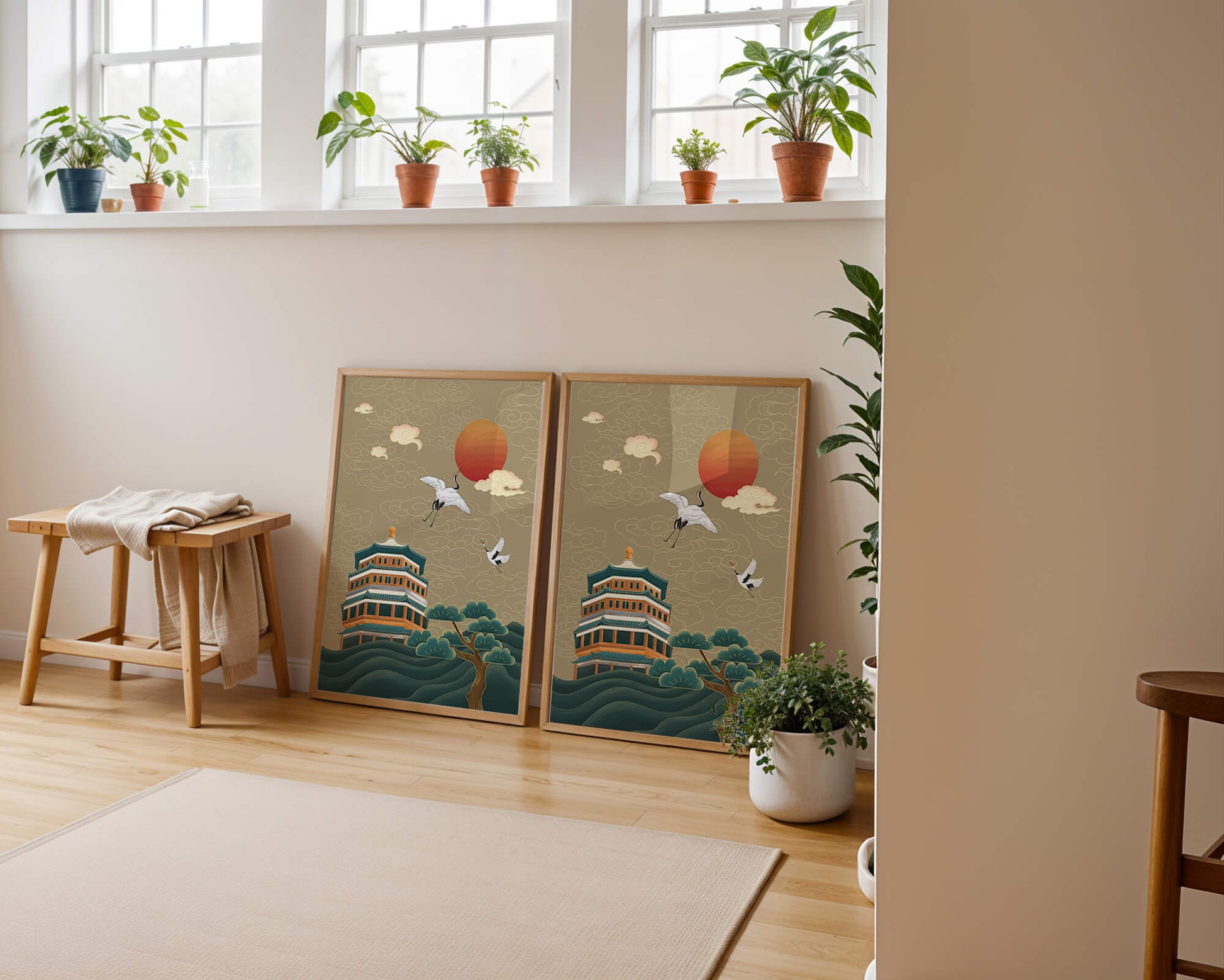 Traditional Asian art with cranes and temple at sunset