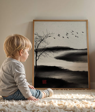 Minimalist Landscape with Silhouetted Tree and Birds