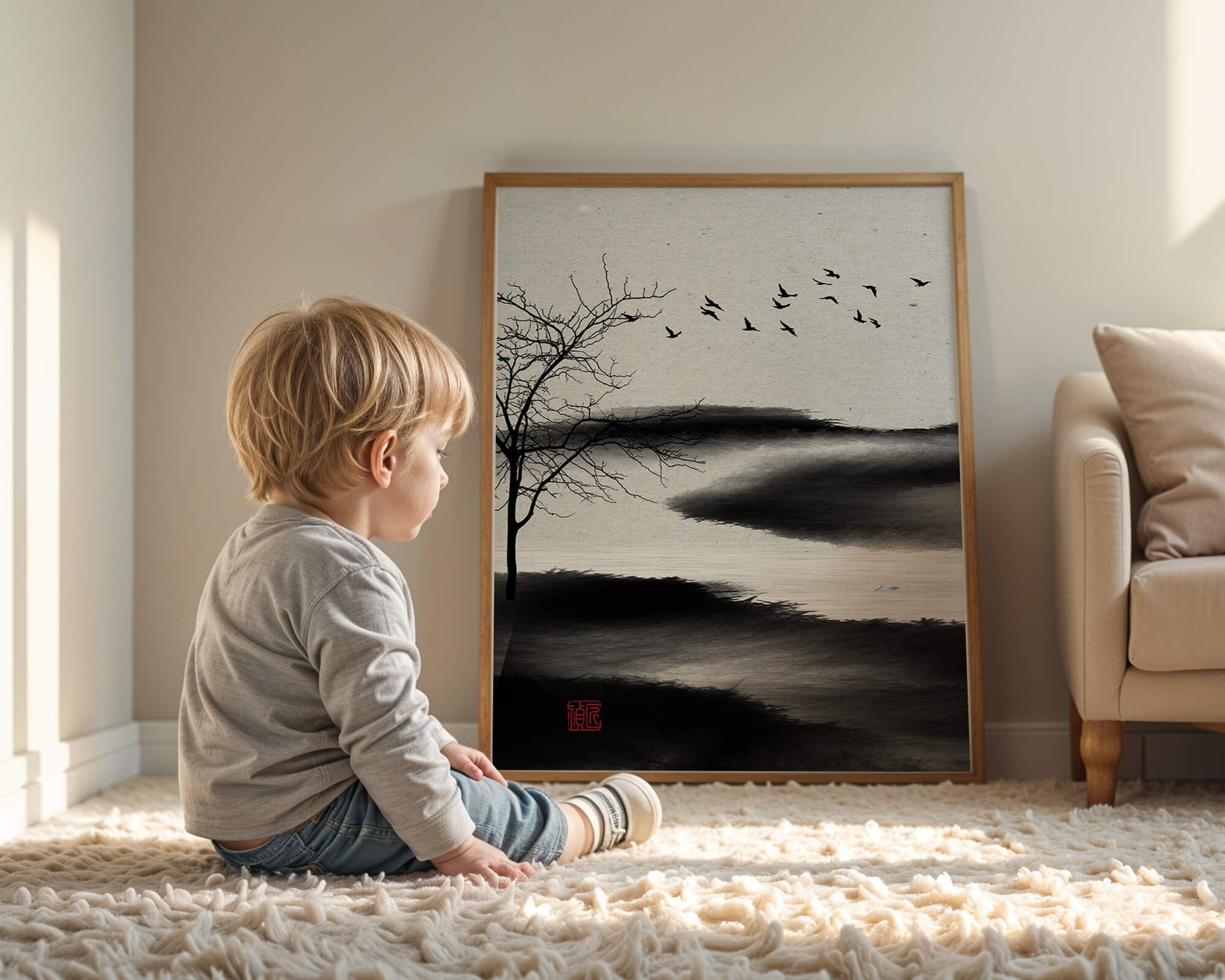 Paisaje minimalista con siluetas de árboles y pájaros