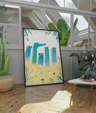 Illustration of Happy Cartoon Crocodiles in a Colorful Meadow - Mi tienda