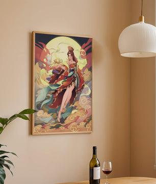 An enchanting depiction of a celestial figure with a mystical rabbit and vibrant attire