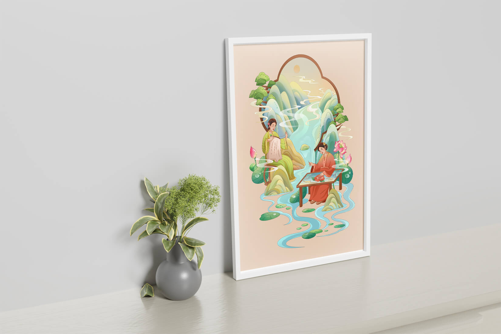Serene water and nature scene with people in traditional attire