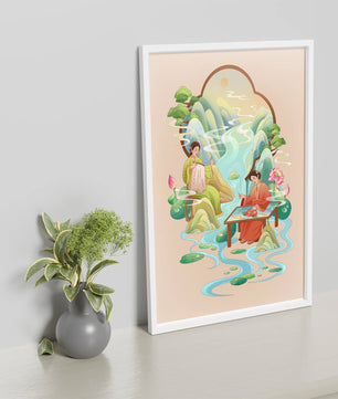 Scène d'eau sereine et de nature avec des personnes en tenue traditionnelle
