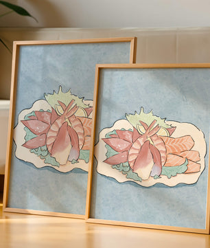 Illustration of seafood platter with shrimp and salmon on a decorative plate