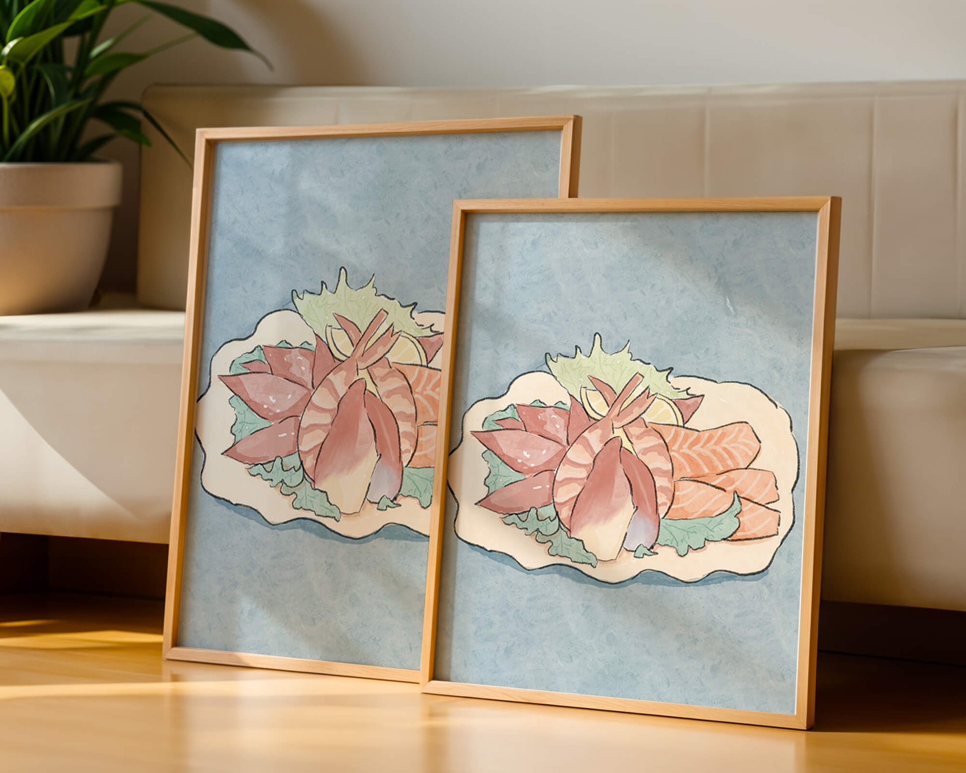 Illustration of seafood platter with shrimp and salmon on a decorative plate