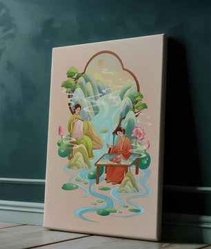 Scène d'eau sereine et de nature avec des personnes en tenue traditionnelle