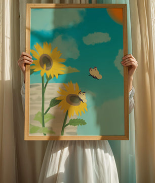 Sunflowers And Butterflies Under A Bright Blue Sky