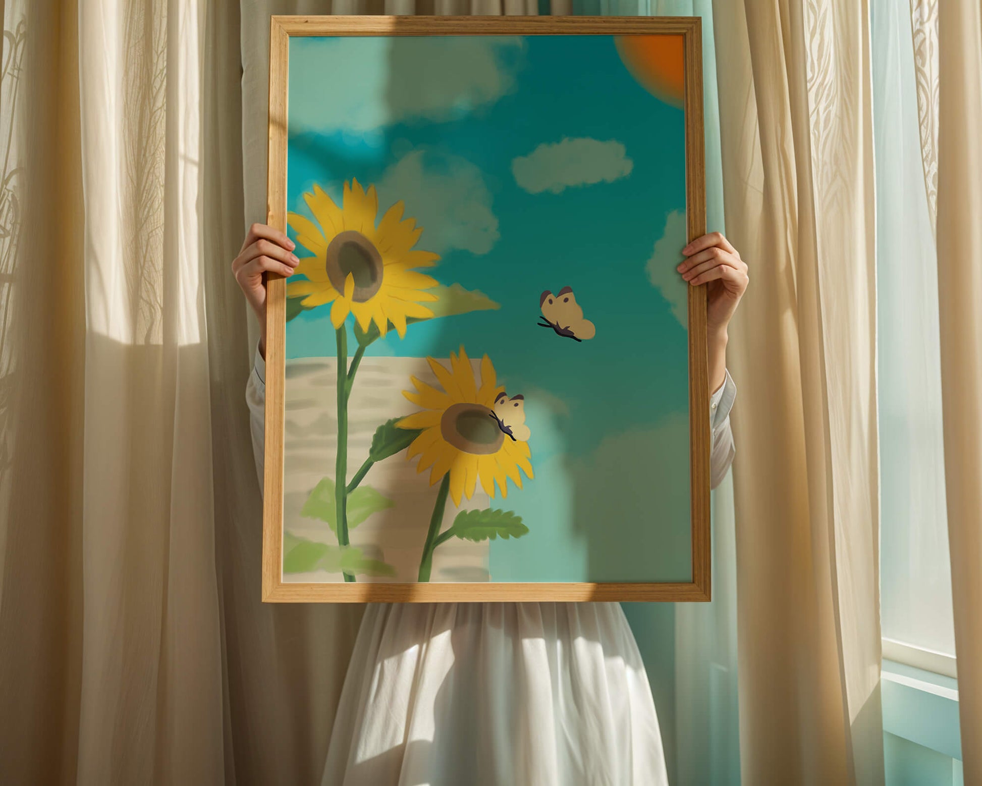 Sunflowers And Butterflies Under A Bright Blue Sky