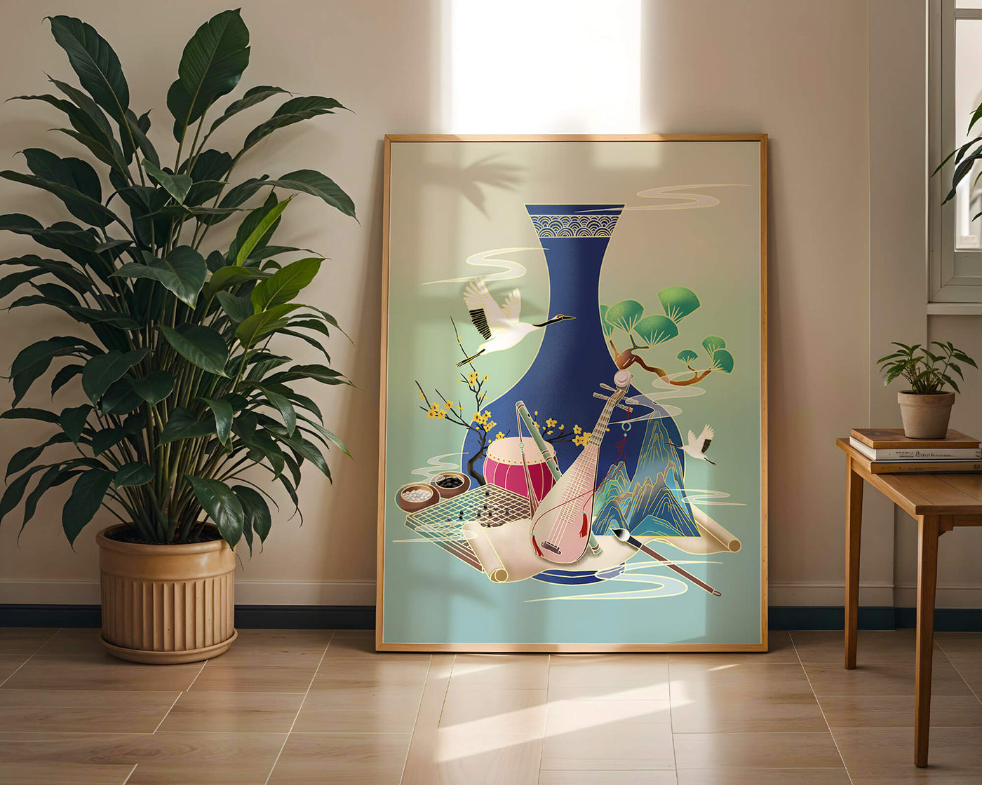 Traditional Asian art scene featuring vase, musical instruments, and cranes