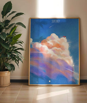 Whimsical illustration of superboy with dreamy cloudscape