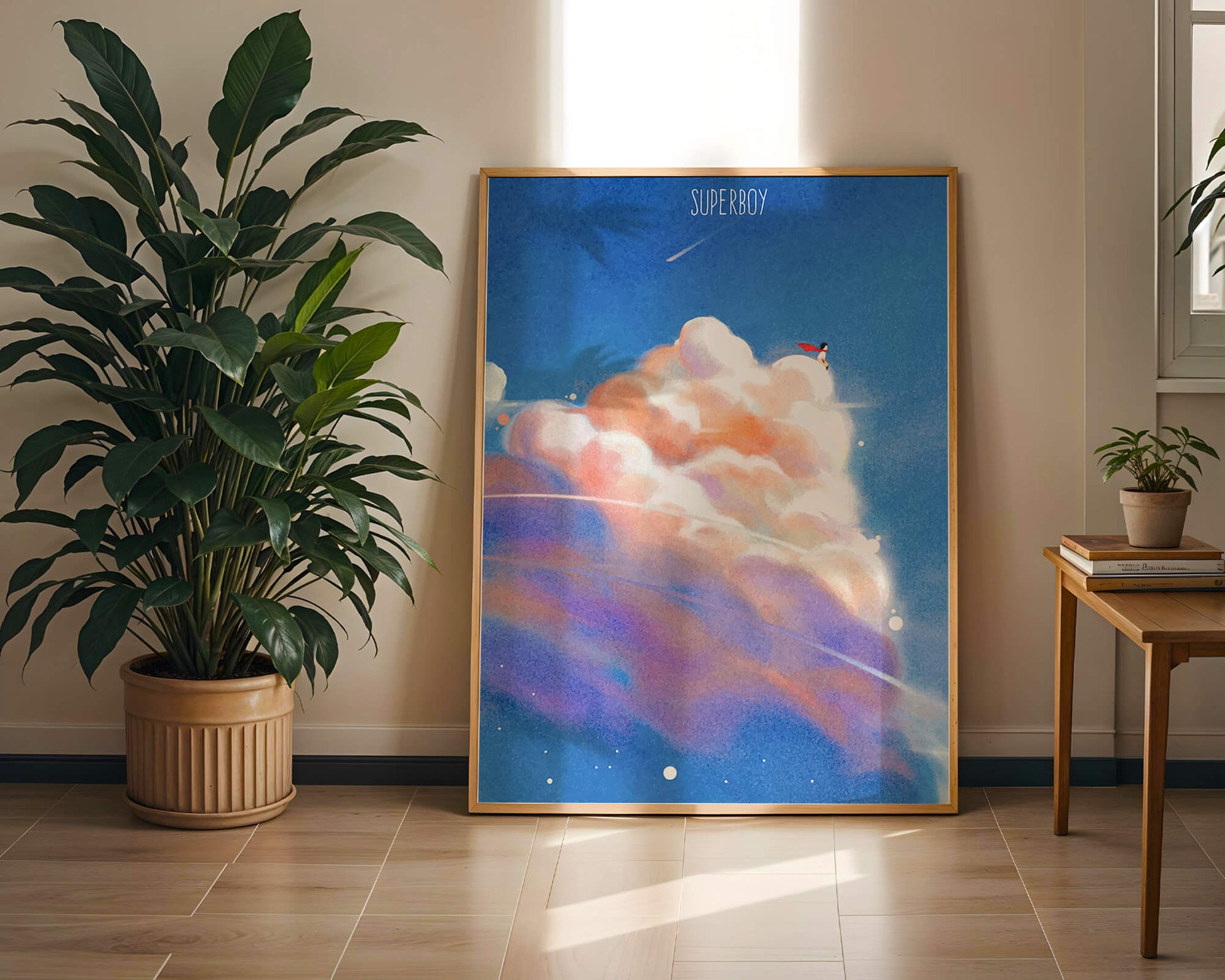 Whimsical illustration of superboy with dreamy cloudscape