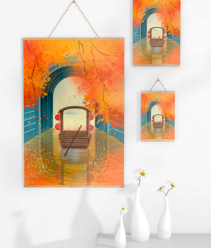 Serene autumn scene with archway and wooden boat