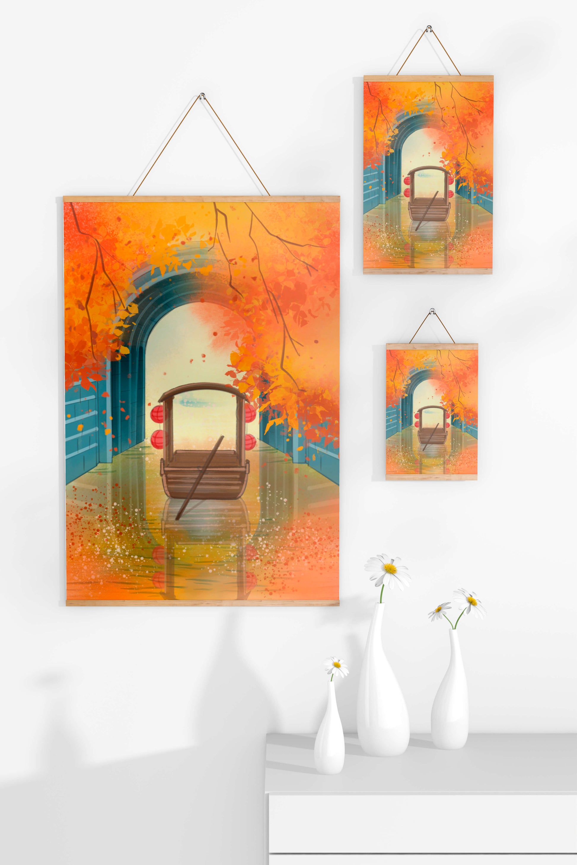 Serene autumn scene with archway and wooden boat