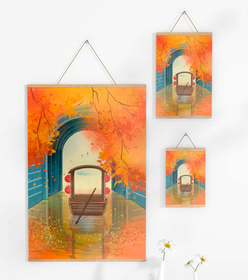 Serene autumn scene with archway and wooden boat