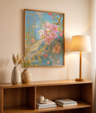 Beautiful Cherry Blossom Branch with Golden Highlights on a Soft Blue Background - Mi tienda