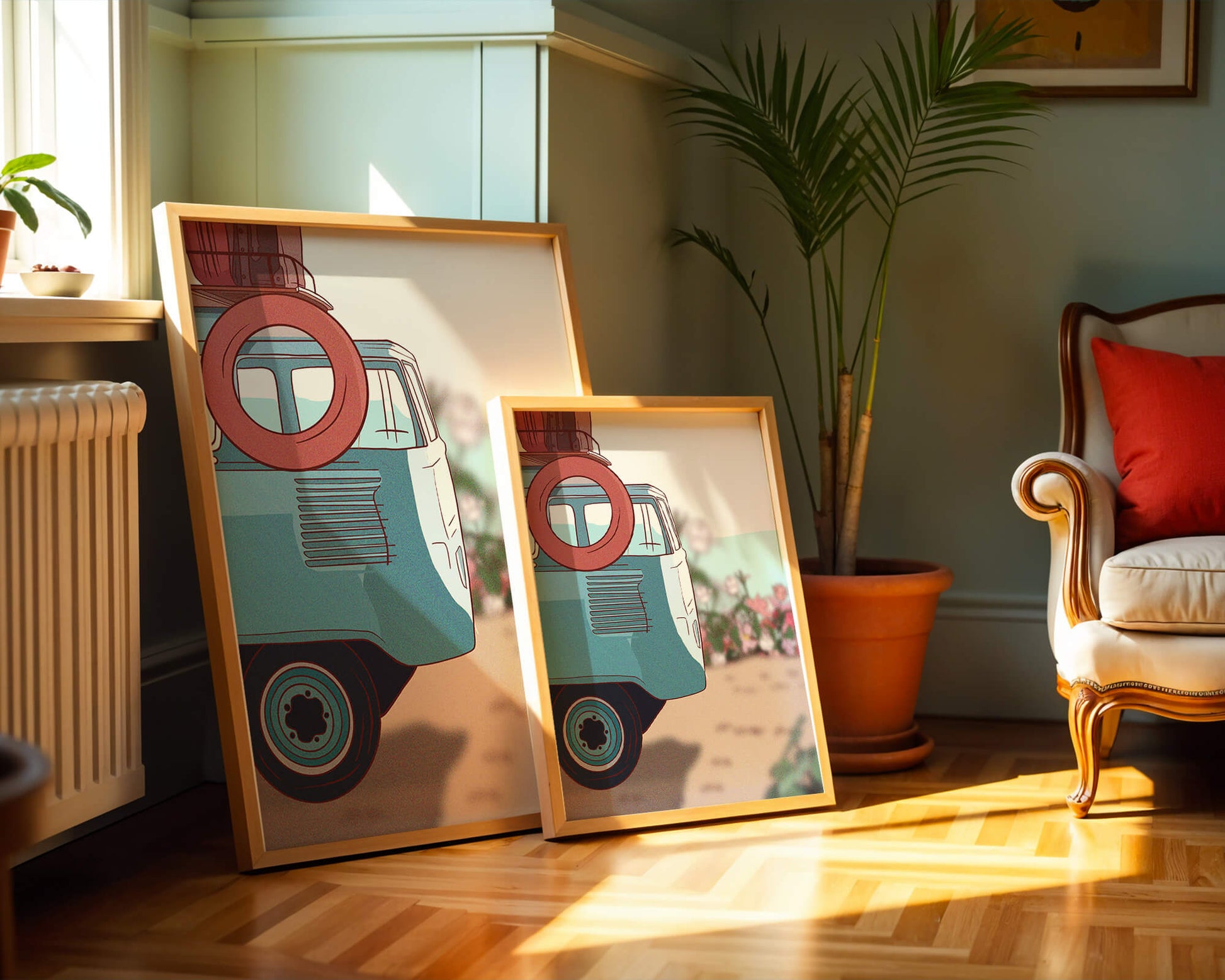 Viaje por carretera de verano en una furgoneta azul vintage