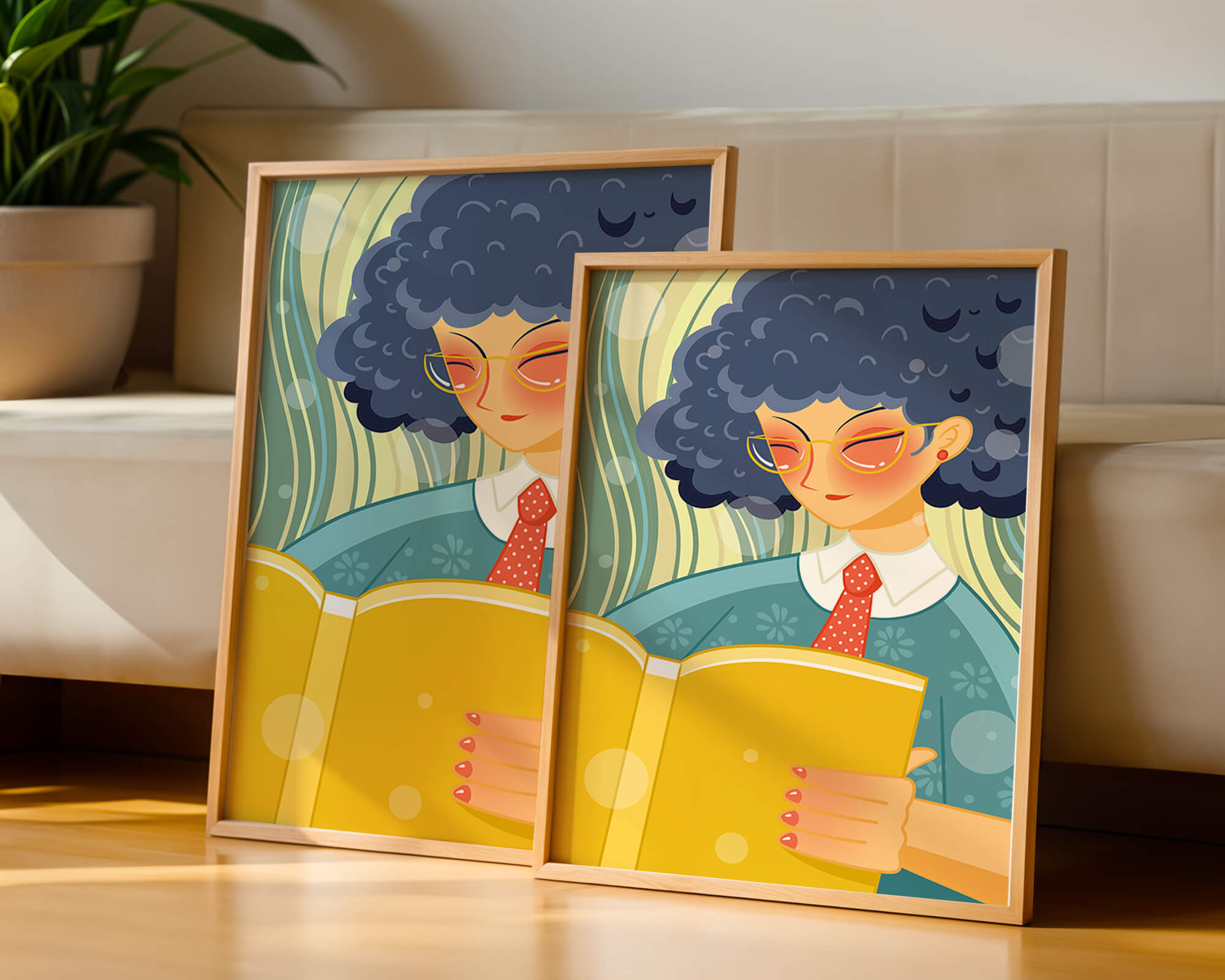 Illustration of a person reading a large yellow book in a stylized design
