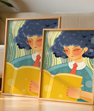Illustration d'une personne lisant un grand livre jaune dans un style stylisé