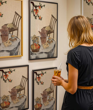 Peinture à l’aquarelle d’un moment de dégustation de thé avec des fruits et une chaise en bois