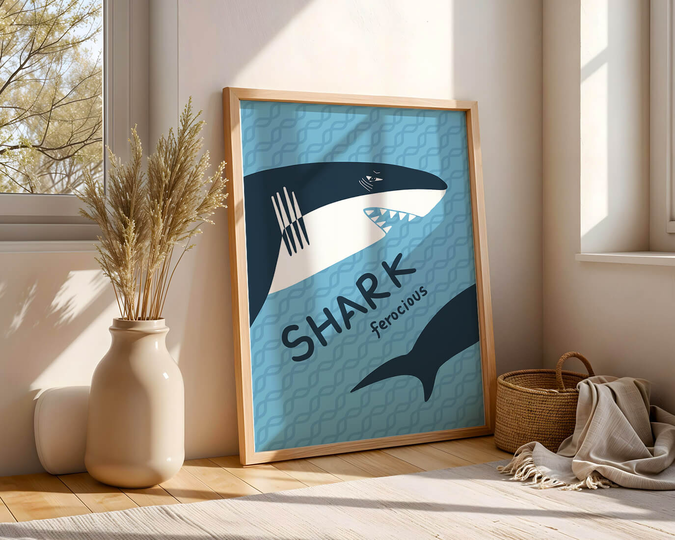 Illustrated shark graphic with blue background and typography