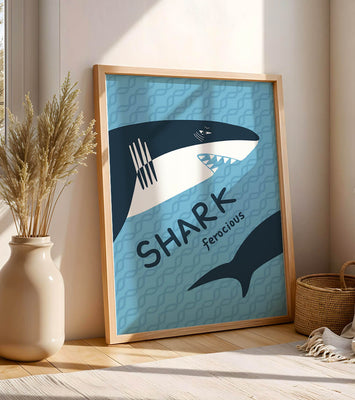 Illustrated shark graphic with blue background and typography