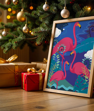 Colorful illustration of flamingos in a tropical setting