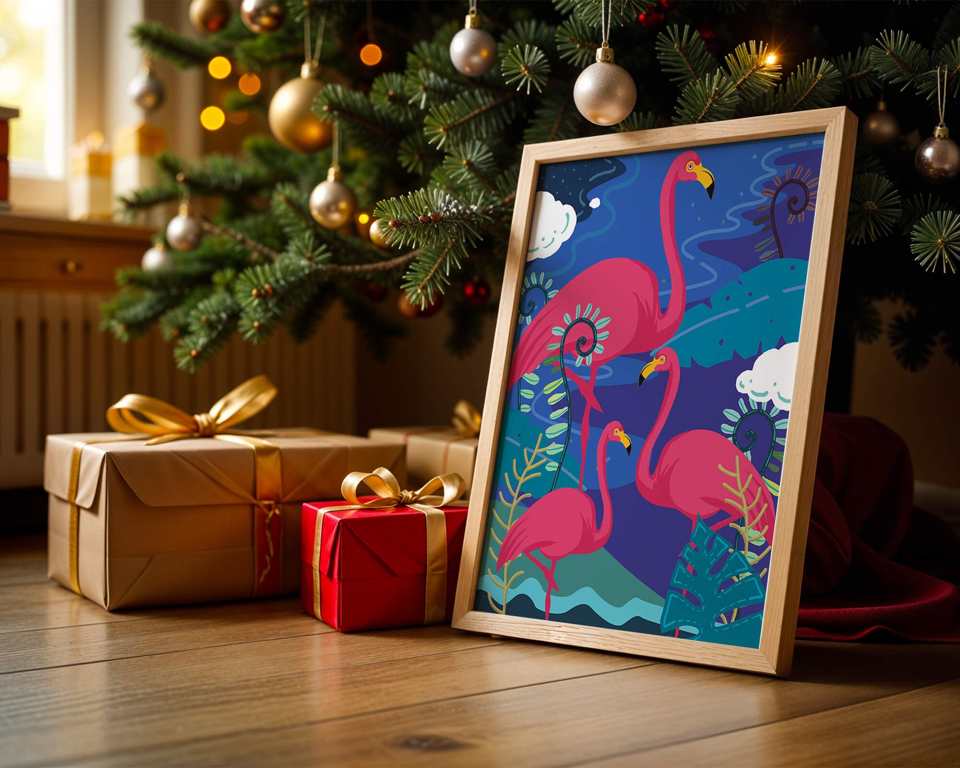 Colorful illustration of flamingos in a tropical setting