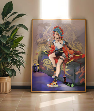 Anime art of a girl in traditional attire with urban elements