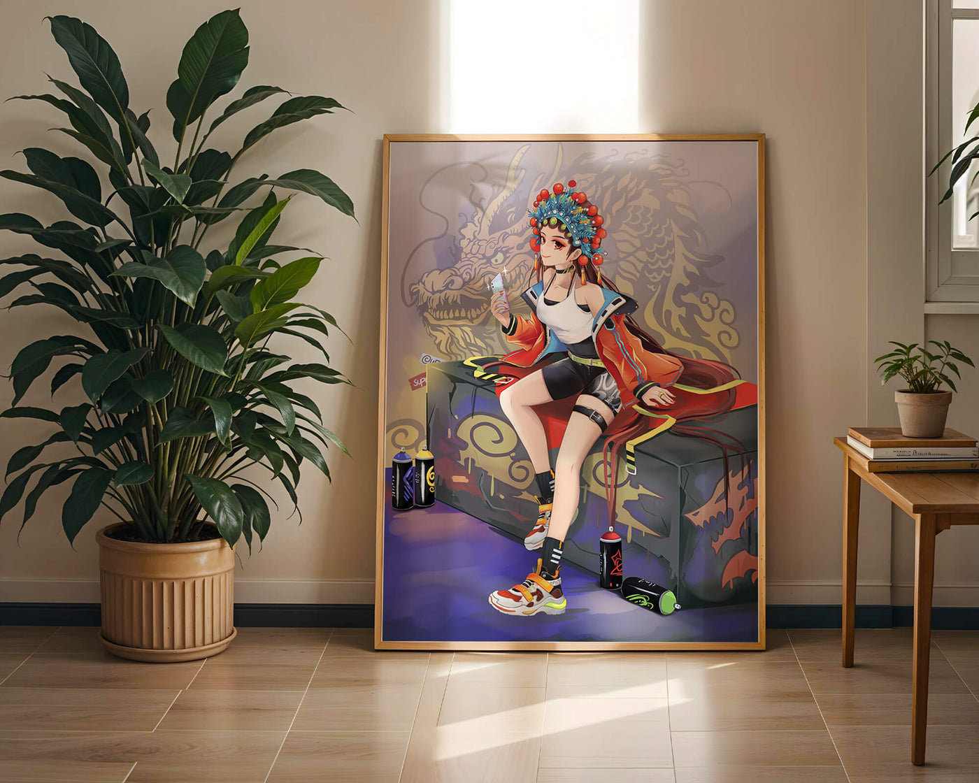 Anime art of a girl in traditional attire with urban elements