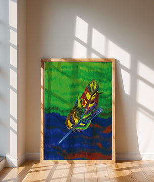 Abstract colorful feather on vibrant background