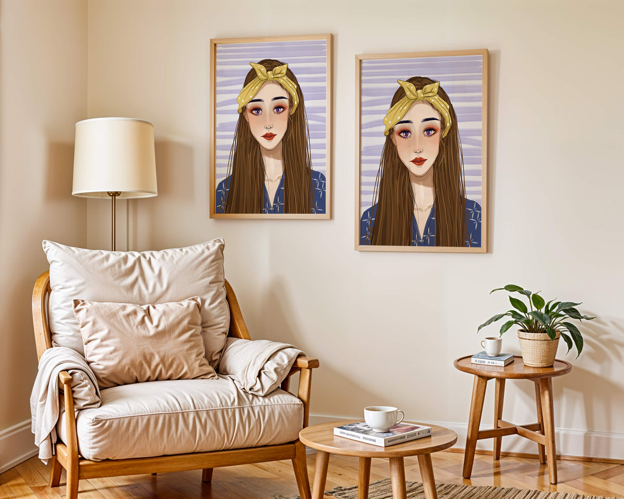Illustration of a woman with a yellow headband against a striped background