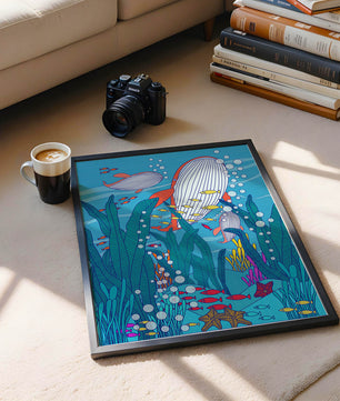 Underwater world illustration with whales and fish amidst seaweed